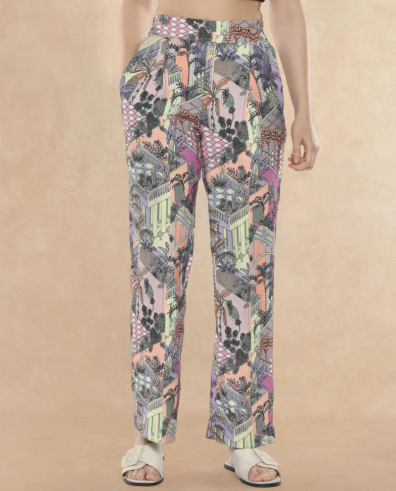 Rareism Women's Tapered Fit Ankle-Length Geometric Print Trousers