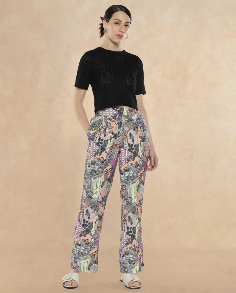 Rareism Women's Tapered Fit Ankle-Length Geometric Print Trousers