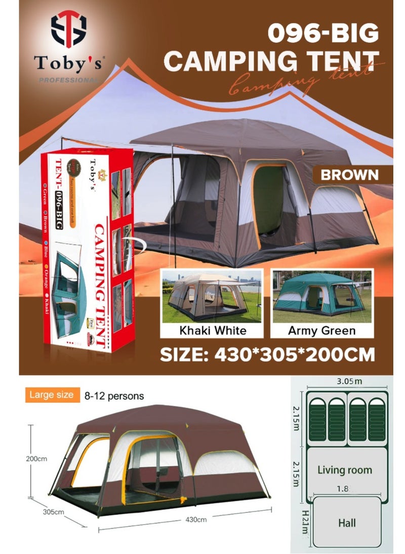 8–12 Person Double Layer Outdoor Camping Tent | Family Cabin Tent with Two Bedrooms & Living Room | Waterproof Large Tent for Hiking & Travel – Brown