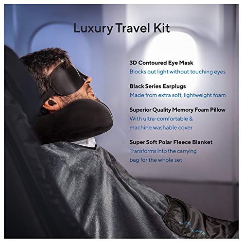 Proglobe Travel Blanket Luxury Travel Set - Ergonomic Airplane Neck Pillow 100% Pure Memory Foam and Super Soft Fleece Blanket - Premium 3D Sleep Mask & Earplugs - Ultimate 4-in-1 Traveling Kit Black - Image 2
