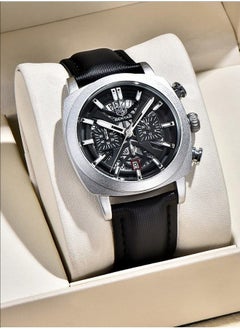 BENYAR Men's Watch Leather Strap Skeleton Quartz Movement Hollow Dial Design Waterproof Watch Men's Lume Hands, Watch BY-5205 Silver Black  - Image 1
