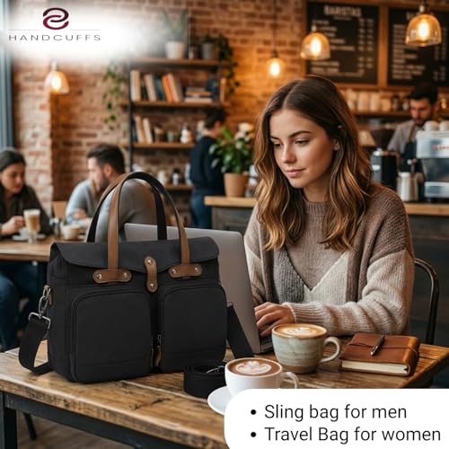 Handcuffs Canvas Messenger Bag For Men | Durable Vintage Crossbody Bags With Multiple Pockets | Side Sling Bag For College Office Travel & Everyday Use (Black) - Image 3