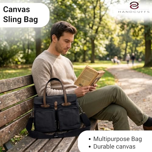 Handcuffs Canvas Messenger Bag For Men | Durable Vintage Crossbody Bags With Multiple Pockets | Side Sling Bag For College Office Travel & Everyday Use (Black) - Image 2
