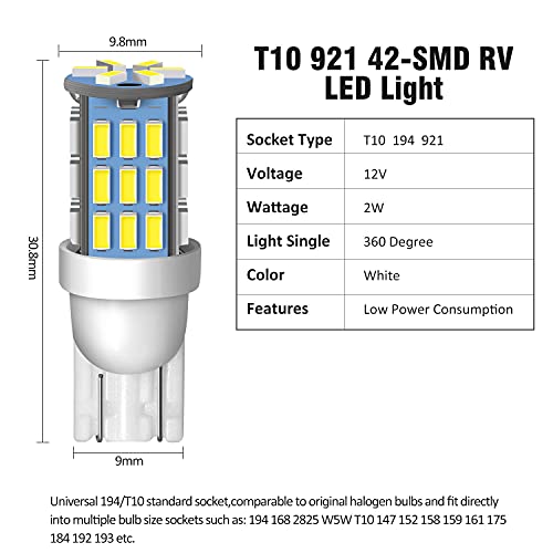ACOHUIKE T10 921 194 168 175 LED Bulbs White 20-Packs, Super Bright 3014 42-SMD LED Replacement 12 Volt RV Camper Trailer Boat Trunk Interior Dome Map License Lights, Backup Reverse Lights - Image 3