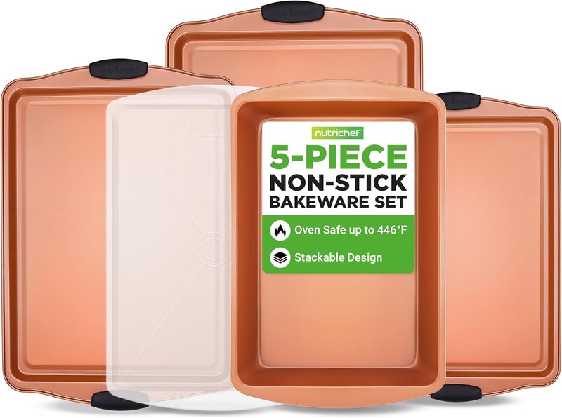 NutriChef 5‑Piece Non‑Stick Bakeware Set – Premium Carbon Steel Baking Pans Set with Silicone Handles, Stackable Oven Pan Set for Cookies, Sheet Cakes, & Roasting - Image 1