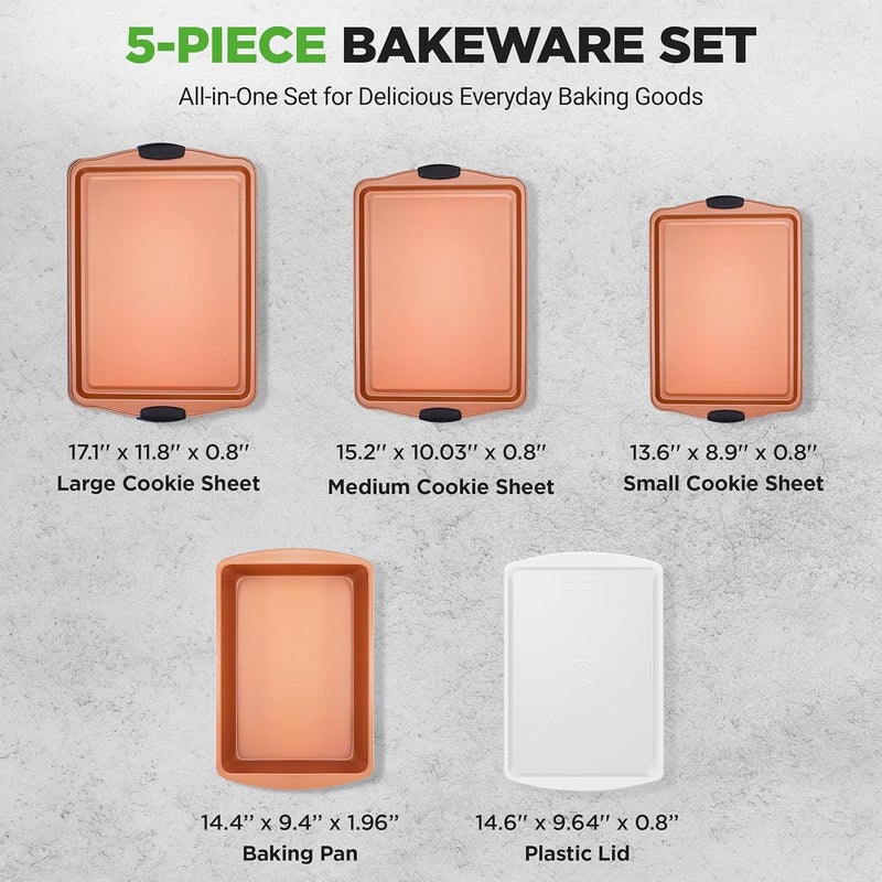 NutriChef 5‑Piece Non‑Stick Bakeware Set – Premium Carbon Steel Baking Pans Set with Silicone Handles, Stackable Oven Pan Set for Cookies, Sheet Cakes, & Roasting - Image 4