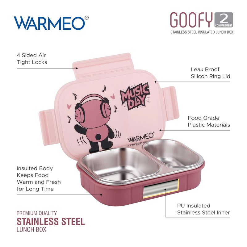WARMEO صندوق غداء معزول غوفي مع قسمين خالي من BPA، صندوق غداء للأطفال، مثالي للمدرسة، النزهات، المكتب والأنشطة الخارجية - 500 مل وردي، فولاذ مقاوم للصدأ - Image 5