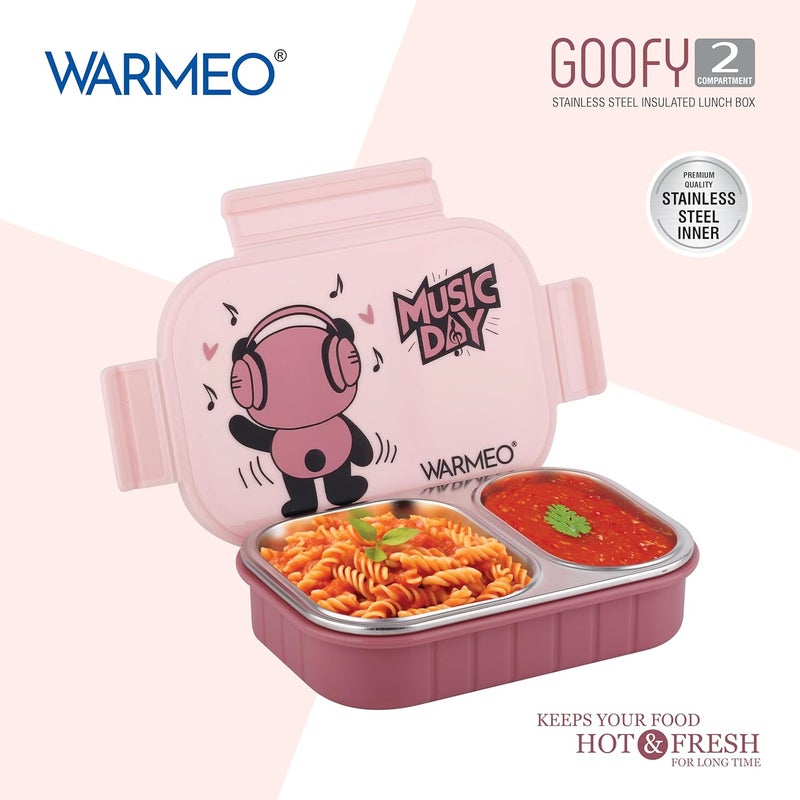 WARMEO صندوق غداء معزول غوفي مع قسمين خالي من BPA، صندوق غداء للأطفال، مثالي للمدرسة، النزهات، المكتب والأنشطة الخارجية - 500 مل وردي، فولاذ مقاوم للصدأ - Image 3