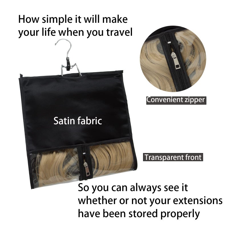 RJMBMUP 1 Pack Hair Extension Satin Storage Bag with Hanger Wig Holder Bundles Hairpieces Ponytail Wig Style Hair Travel Black Color - Image 2