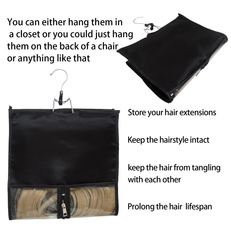 RJMBMUP 1 Pack Hair Extension Satin Storage Bag with Hanger Wig Holder Bundles Hairpieces Ponytail Wig Style Hair Travel Black Color - Image 5