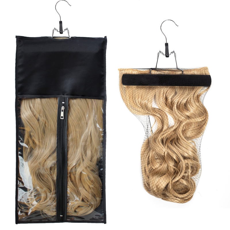 RJMBMUP 1 Pack Hair Extension Satin Storage Bag with Hanger Wig Holder Bundles Hairpieces Ponytail Wig Style Hair Travel Black Color - Image 1