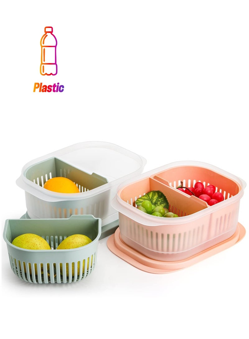 Stackable Airtight Plastic Storage Containers for Fruits and Vegetables, Set of 3 Fridge Organizers with Divided Colanders - Image 1