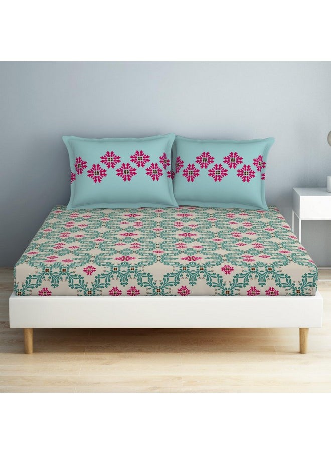SPACES Spaces 100% Cotton Double Bedsheet (224 Cm X 254 Cm / 43Cm X 68 Cm) | 132 TC Percale Geometric Bedsheet & Pillow Covers Set (Whisper White)- Aurum  - Image 1