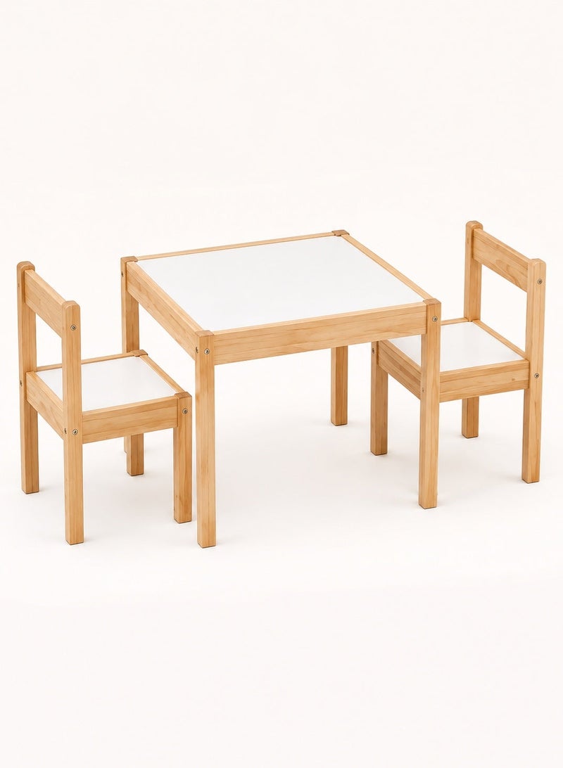 SKT Shiketro Solid Wood Kids Table and 2 Chairs Set, 64×45cm Toddler Activity Play Table with Smooth White Tabletop, Ergonomic Children Study Furniture for Drawing Reading Eating - Image 2