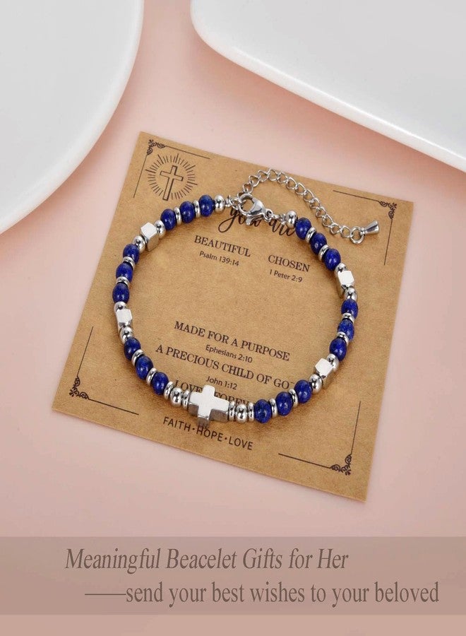 CANDYFANCY Dainty Beaded Bracelets For Women Natural Stone Blue Lapislazuli Cross Stainless Steel Bracelet Remember You Are Awesome-Inspirational Jewelry With Card Birthday Frienship Christmas Gift - Image 4