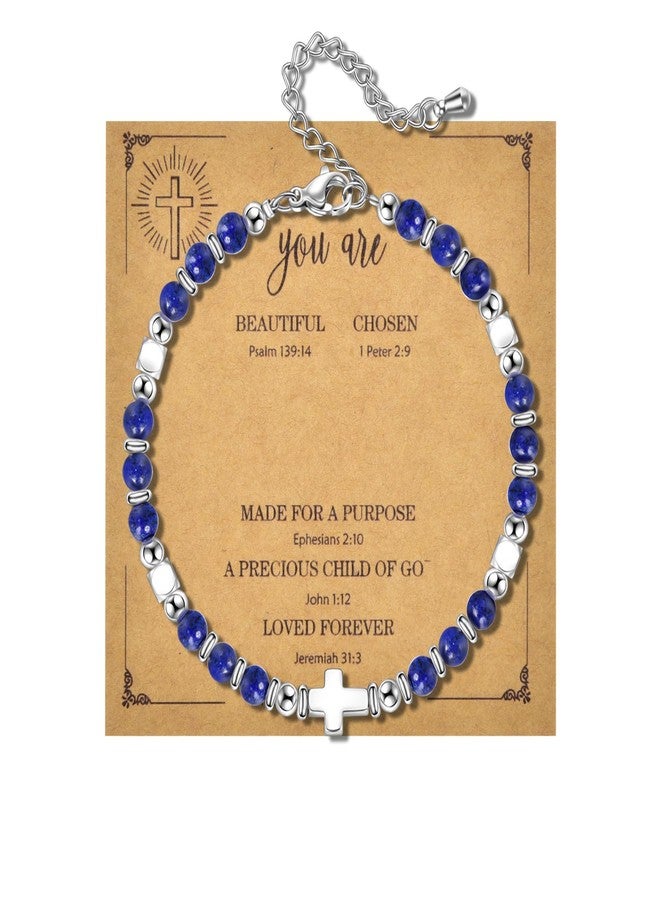 CANDYFANCY Dainty Beaded Bracelets For Women Natural Stone Blue Lapislazuli Cross Stainless Steel Bracelet Remember You Are Awesome-Inspirational Jewelry With Card Birthday Frienship Christmas Gift - Image 1