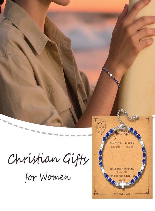CANDYFANCY Dainty Beaded Bracelets For Women Natural Stone Blue Lapislazuli Cross Stainless Steel Bracelet Remember You Are Awesome-Inspirational Jewelry With Card Birthday Frienship Christmas Gift - Image 2