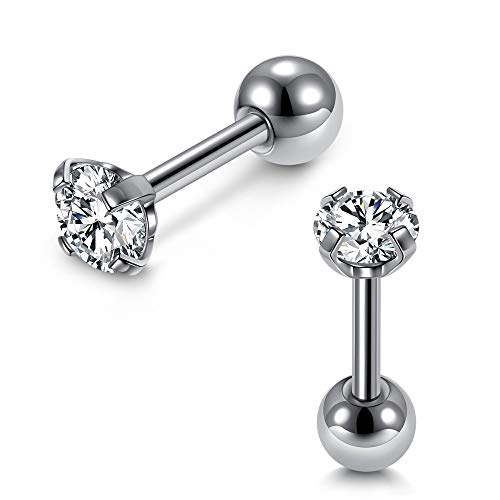 Zysta Pair Clear Cubic Zirconia 16G Earring Studs Round Rhinestone Diamond Stainless Steel Post Back Ball Screw Men Women Nose Helix Cartilage Ear Lobe Small Cute Piercing Jewelry - Image 1