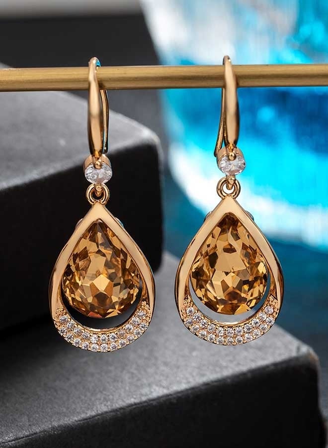 EVEVIC Austrian Crystal Halo Teardrop Hollow Drop Dangle Earrings for Women 14 K Rose Gold Plated Hypoallergenic Jewelry - Image 2