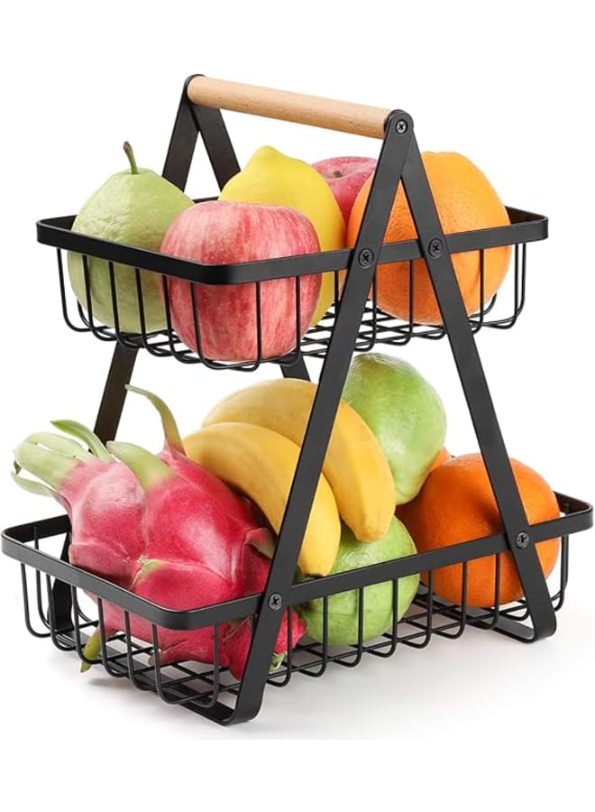 Uresmat 2 Tier Fruit Basket, Detachable Fruit Basket Bowl For Kitchen, Kitchen Storage Counter Dining Room Organizer For Fruits Snacks Vegetables, Black