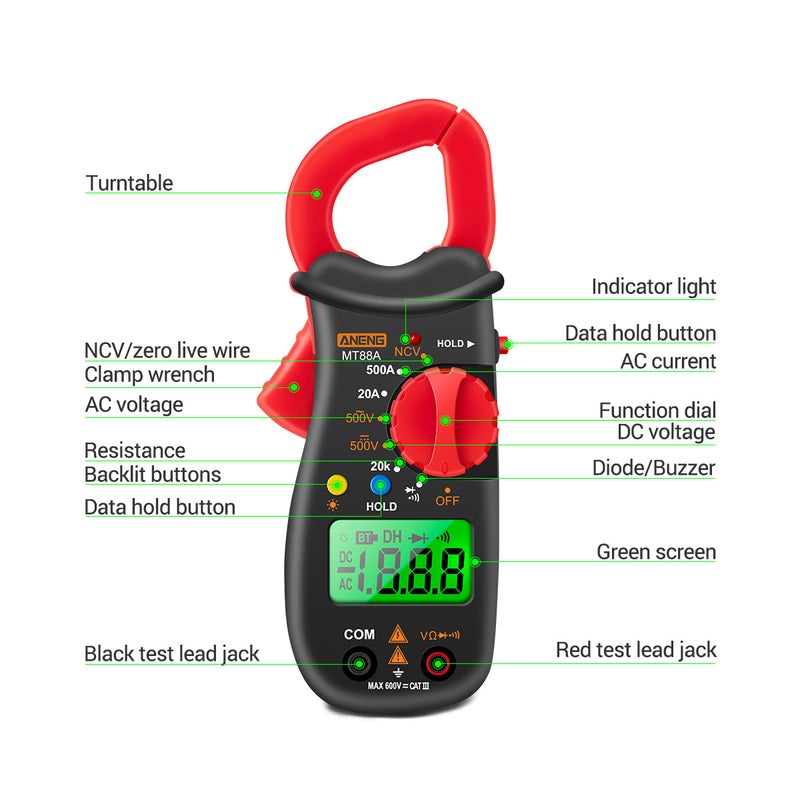 Clamp Meter Multimeter LCD Digital Universal 1999 Counts Auto Handheld DC/AC Voltage Voltmeter 500A AC Current Ammeter Frequency Capacitance Tester Black /Red 18.00X4.50X10.00cm - Image 5