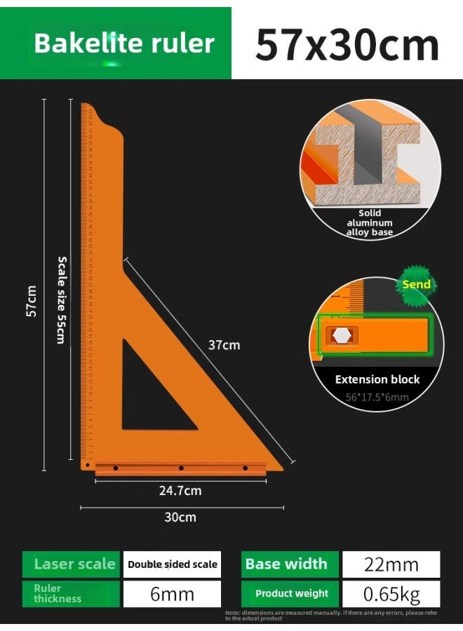Bakelite Triangle Woodworking Special Straight Angle Ruler High Precision Angle Ruler Crank Triangle Plate 90 Degrees Generous Ruler Mountain Ruler-Model:Bakelite Ruler  Send Extension Strip - Image 1