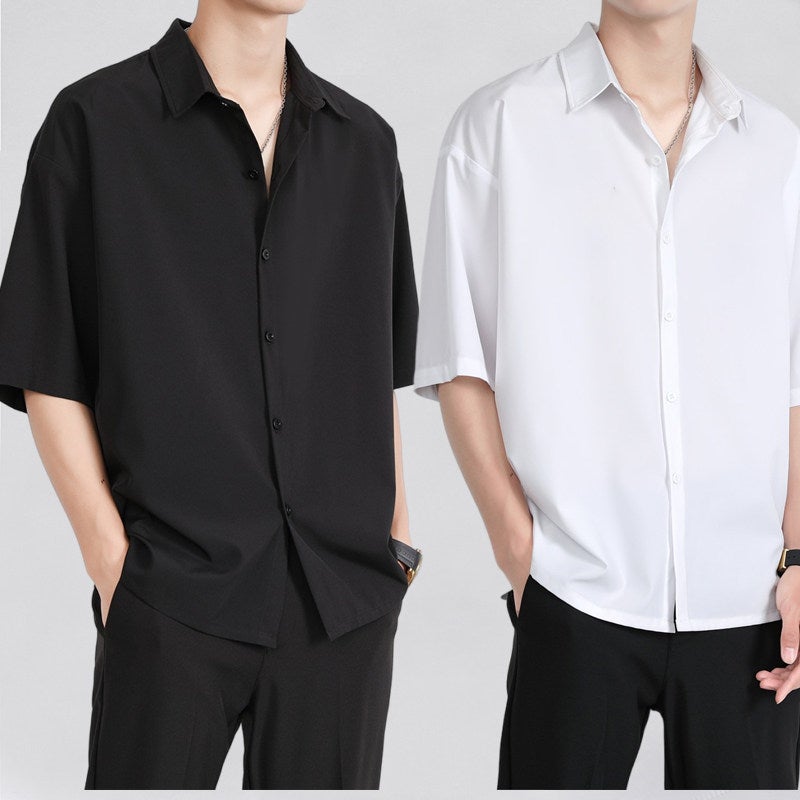 Ice silk shirt men's short-sleeved summer fashion brand men's casual jacket high-end sense of rogue handsome five-point sleeve black shirt - Image 3