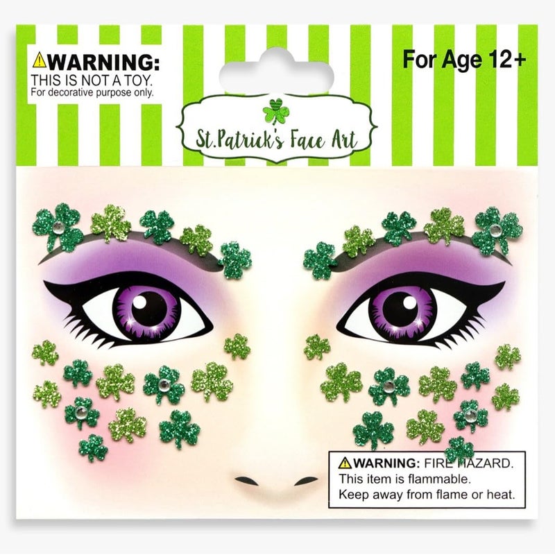 Jacnkb 2 Sheets Shamrock Glitter Face Tattoo Jewelry, St. Patrick's Day Celebration Face Gems with Assorted Designs, Sparkle Glitter in Parades, Parties & More (style2) - Image 1