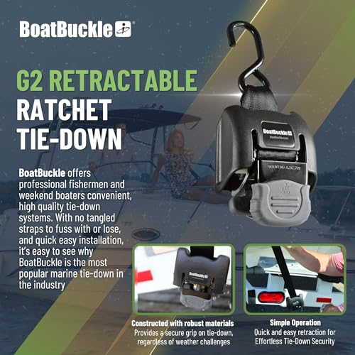 BoatBuckle G2 Transom Boat Tie Down Straps to Trailer 2x43-Inch, 2500lbs Break Strength, Bolt On Retractable Ratchet Straps Heavy Duty, 2-Pack - Image 2