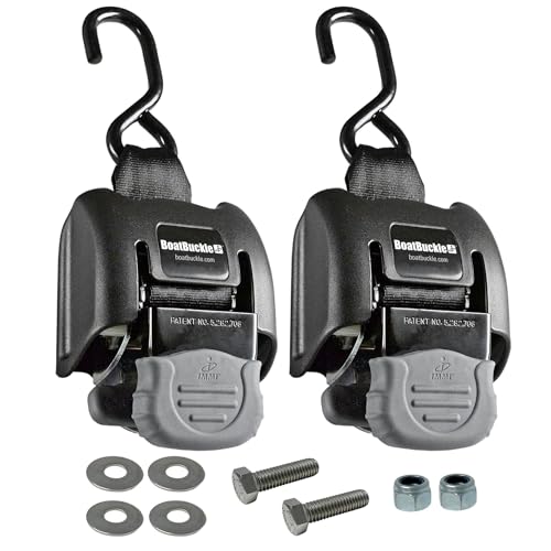 BoatBuckle G2 Transom Boat Tie Down Straps to Trailer 2x43-Inch, 2500lbs Break Strength, Bolt On Retractable Ratchet Straps Heavy Duty, 2-Pack - Image 1