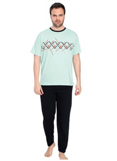 Ayans Turkish Cotton T-Shirt and Pants Pajama Set Homewear Loungewear Cyan/Dark Navy  - Image 1