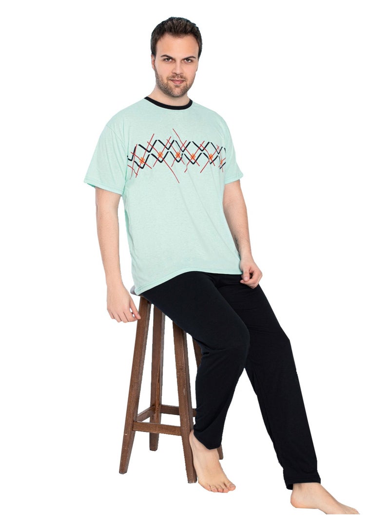 Ayans Turkish Cotton T-Shirt and Pants Pajama Set Homewear Loungewear Cyan/Dark Navy  - Image 2