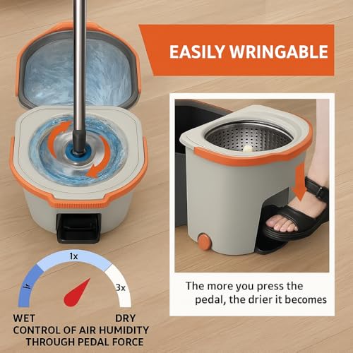 Mevigo Spin Mop with Bucket Deluxe System for Floor Cleaning - 360° Flexible Mop with Self Separation System with 2 Pcs Reusable Microfiber Pad Home, Kitchen, Bathroom & Office (Grey, Square) - Image 2