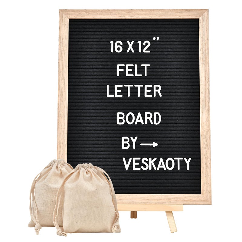 Veskaoty Felt Letter Board with 402 Letters, Numbers & Symbols - 12 x 16 inch Large Changeable Message Board with Wooden Frame Wall Mount Hook,2 Canvas Bags,Wood Stand (Black Board & Wood Frame) - Image 1