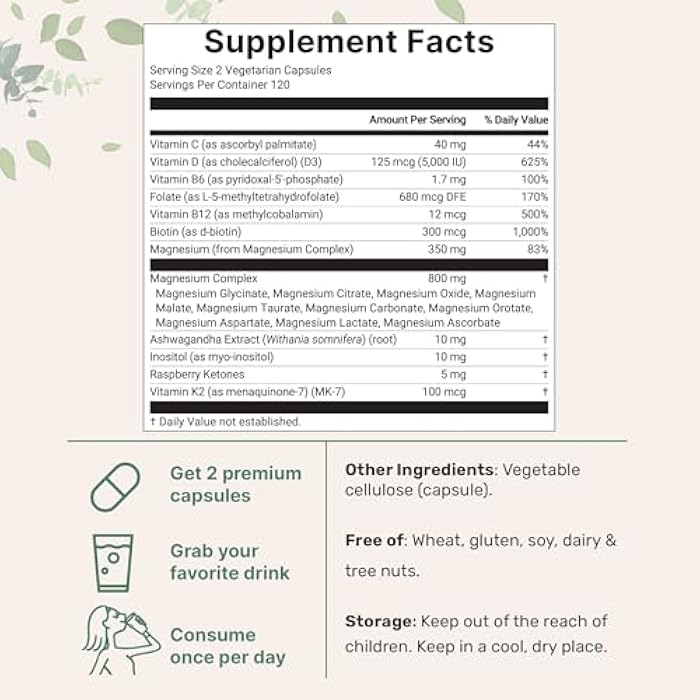 Micro Ingredients Magnesium Complex for Women, 240 Vegetarian Capsules | 20-in-1 Formula - Magnesium Blend with Vitamin D3, K2, Ashwagandha & More | Filler Free, Non-GMO - Image 2