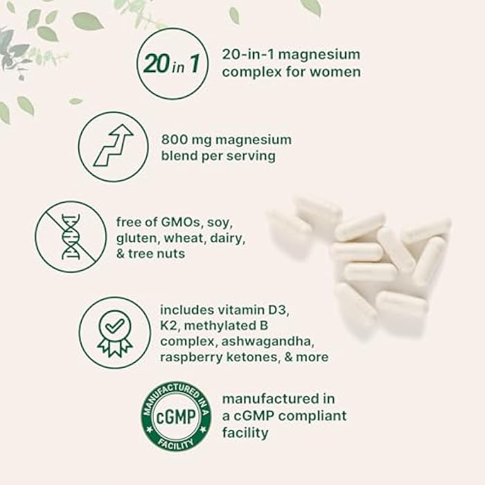 Micro Ingredients Magnesium Complex for Women, 240 Vegetarian Capsules | 20-in-1 Formula - Magnesium Blend with Vitamin D3, K2, Ashwagandha & More | Filler Free, Non-GMO - Image 3