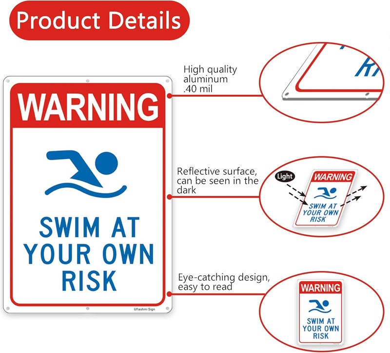 Uflashmi Warning Swim at Your Own Risk Pool Sign, Metal Pool signs for Outdoor, 10X14 in - Image 5