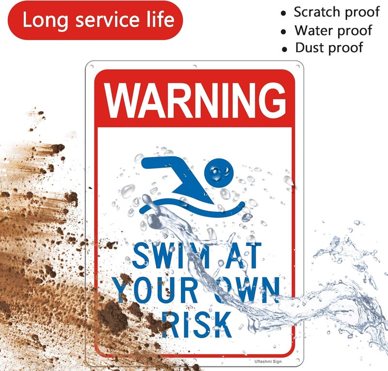 Uflashmi Warning Swim at Your Own Risk Pool Sign, Metal Pool signs for Outdoor, 10X14 in - Image 4