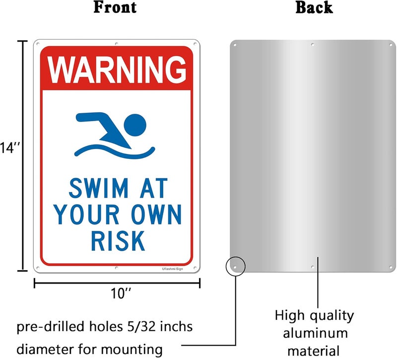 Uflashmi Warning Swim at Your Own Risk Pool Sign, Metal Pool signs for Outdoor, 10X14 in - Image 2