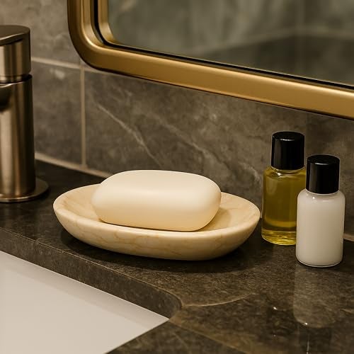 Creative Home Natural Champagne Marble Bar Soap Dish Soap Tray Holder Accessories Tray for Bathroom Vanity Countertop Kitchen Sink, 3.8" x 5.8" x 0.9" H, Beige - Image 2