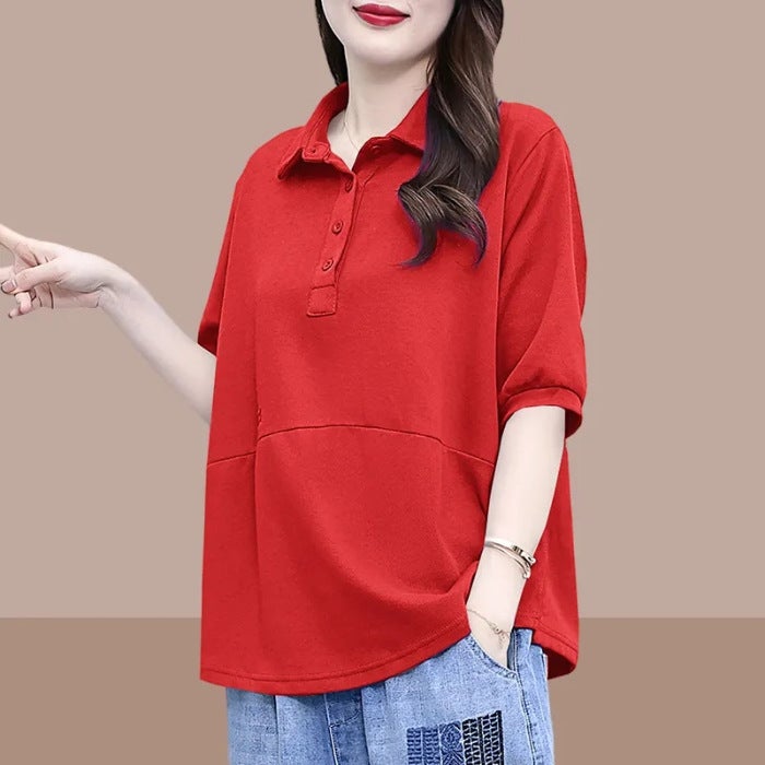 Loose Mid-Sleeve T-Shirt Women'S 2024 Half-Sleeve Sweat Thin Plus Size Fashionable Lapel Short-Sleeve Top Trendy - Image 1