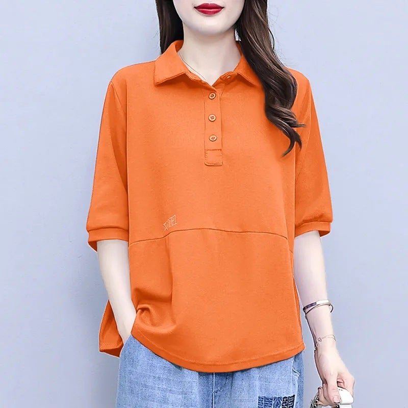 Loose Mid-Sleeve T-Shirt Women'S 2024 Half-Sleeve Sweat Thin Plus Size Fashionable Lapel Short-Sleeve Top Trendy - Image 3