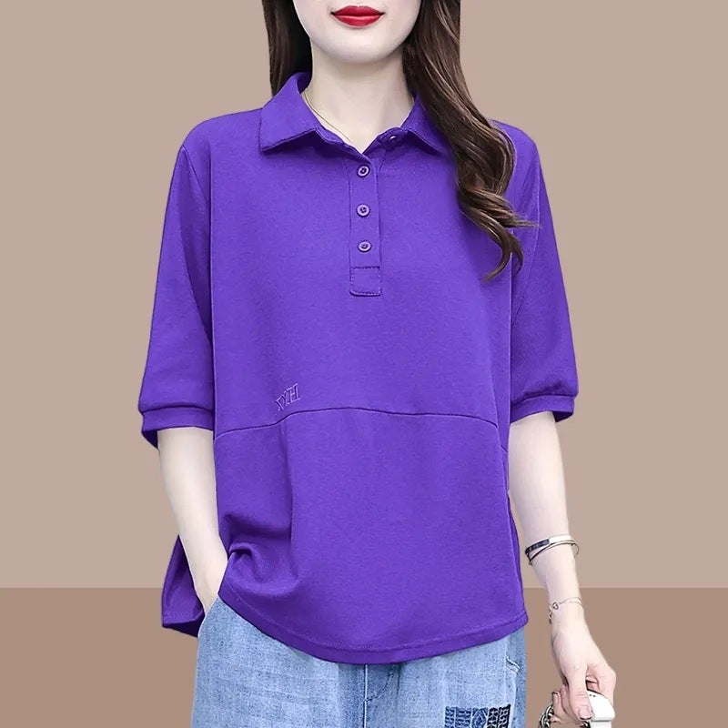 Loose Mid-Sleeve T-Shirt Women'S 2024 Half-Sleeve Sweat Thin Plus Size Fashionable Lapel Short-Sleeve Top Trendy - Image 4
