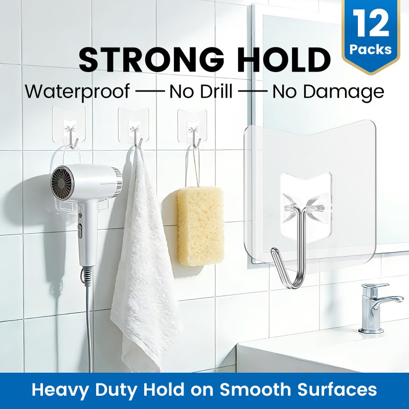nabreeli Heavy Duty Adhesive Hooks 12 Pack - Holds 15 lbs, No Drill Stick Plastic Hook Hangers for Hanging Towel Shower Bathroom, Kitchen, Cabinet - Strong Wall Hanger for Ornaments, Apartment Bedroom - Image 2