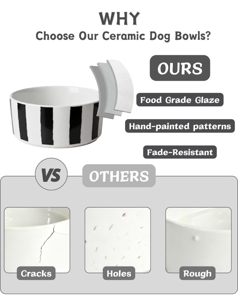 TRUVIC Ceramic Dog Bowl Set of 2 with Wood Stand, Black and White Checkered & Striped Dog Food and Water Bowl Set, 3.5 Cup/28 oz Elevated Puppy Food Bowls for Medium Dogs, Dishwasher Safe - Image 4