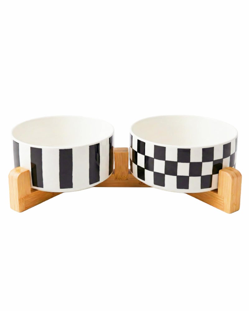 TRUVIC Ceramic Dog Bowl Set of 2 with Wood Stand, Black and White Checkered & Striped Dog Food and Water Bowl Set, 3.5 Cup/28 oz Elevated Puppy Food Bowls for Medium Dogs, Dishwasher Safe - Image 1