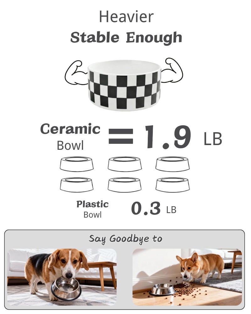 TRUVIC Ceramic Dog Bowl Set of 2 with Wood Stand, Black and White Checkered & Striped Dog Food and Water Bowl Set, 3.5 Cup/28 oz Elevated Puppy Food Bowls for Medium Dogs, Dishwasher Safe - Image 5