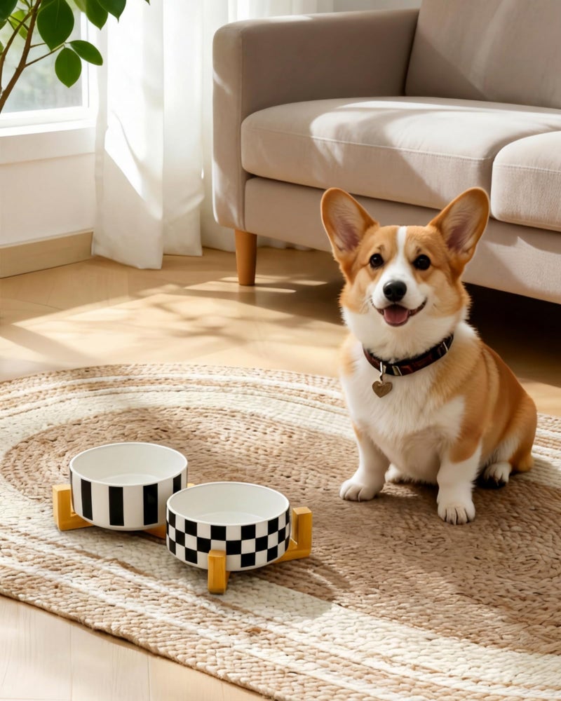 TRUVIC Ceramic Dog Bowl Set of 2 with Wood Stand, Black and White Checkered & Striped Dog Food and Water Bowl Set, 3.5 Cup/28 oz Elevated Puppy Food Bowls for Medium Dogs, Dishwasher Safe - Image 2
