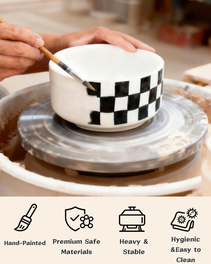 TRUVIC Ceramic Dog Bowl Set of 2 with Wood Stand, Black and White Checkered & Striped Dog Food and Water Bowl Set, 3.5 Cup/28 oz Elevated Puppy Food Bowls for Medium Dogs, Dishwasher Safe - Image 3
