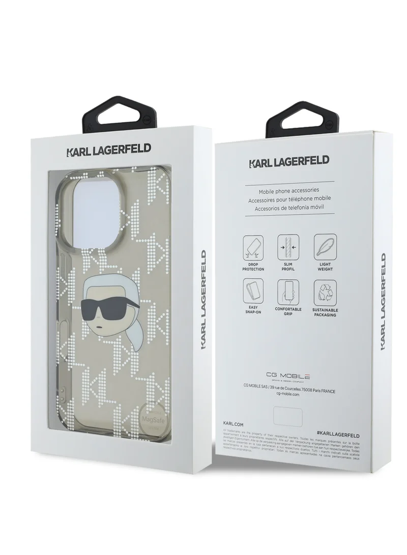 Karl Lagerfeld iPhone 16 Pro Max Case IML Hard Cover with Electroplated Karl Head & Monogram Design/ Drop protection / Slim Profile / Easy Snap-On / Comfortable Grip-Black